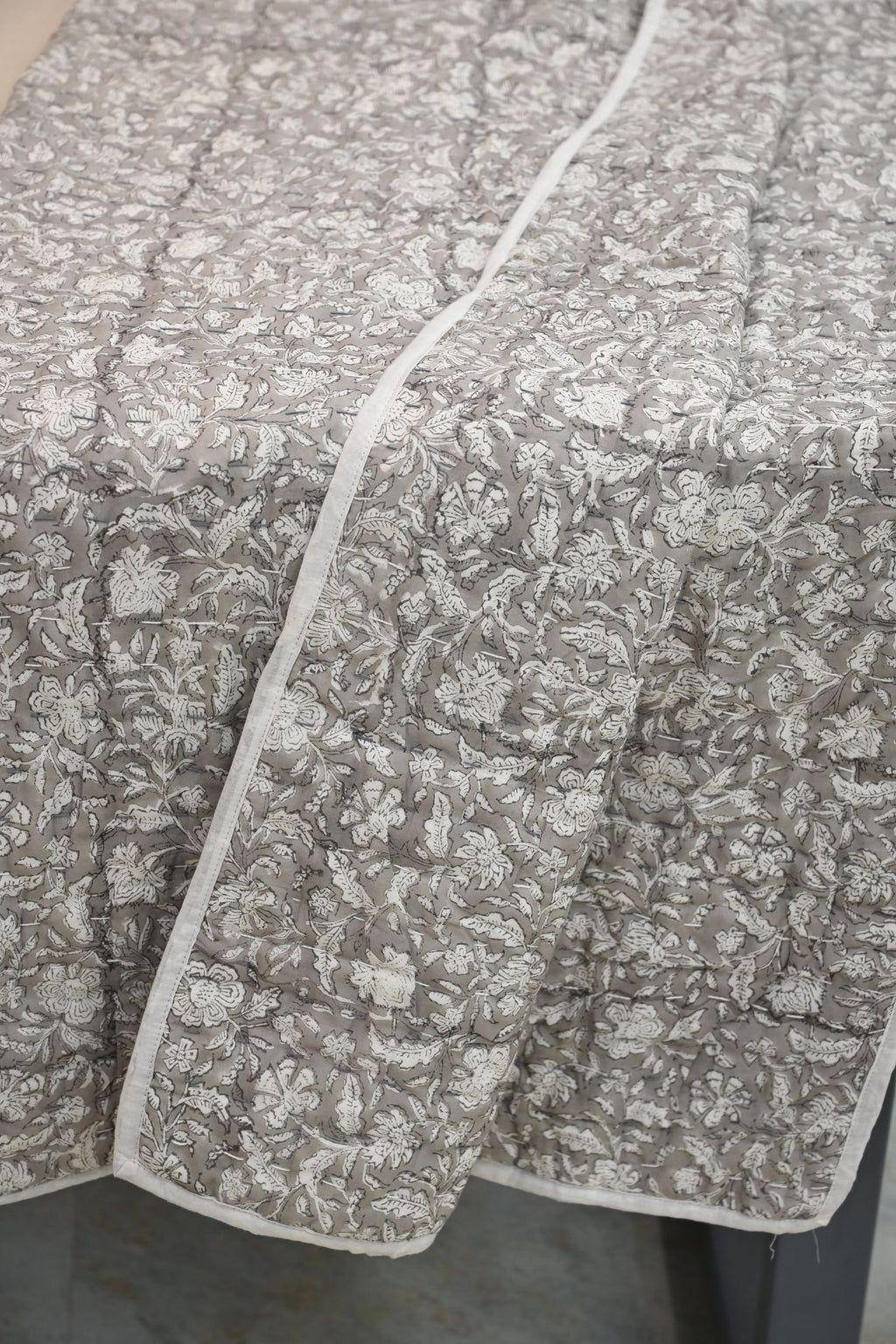 Grey & White Mughal Floral Hand Block Print Cotton Quilt