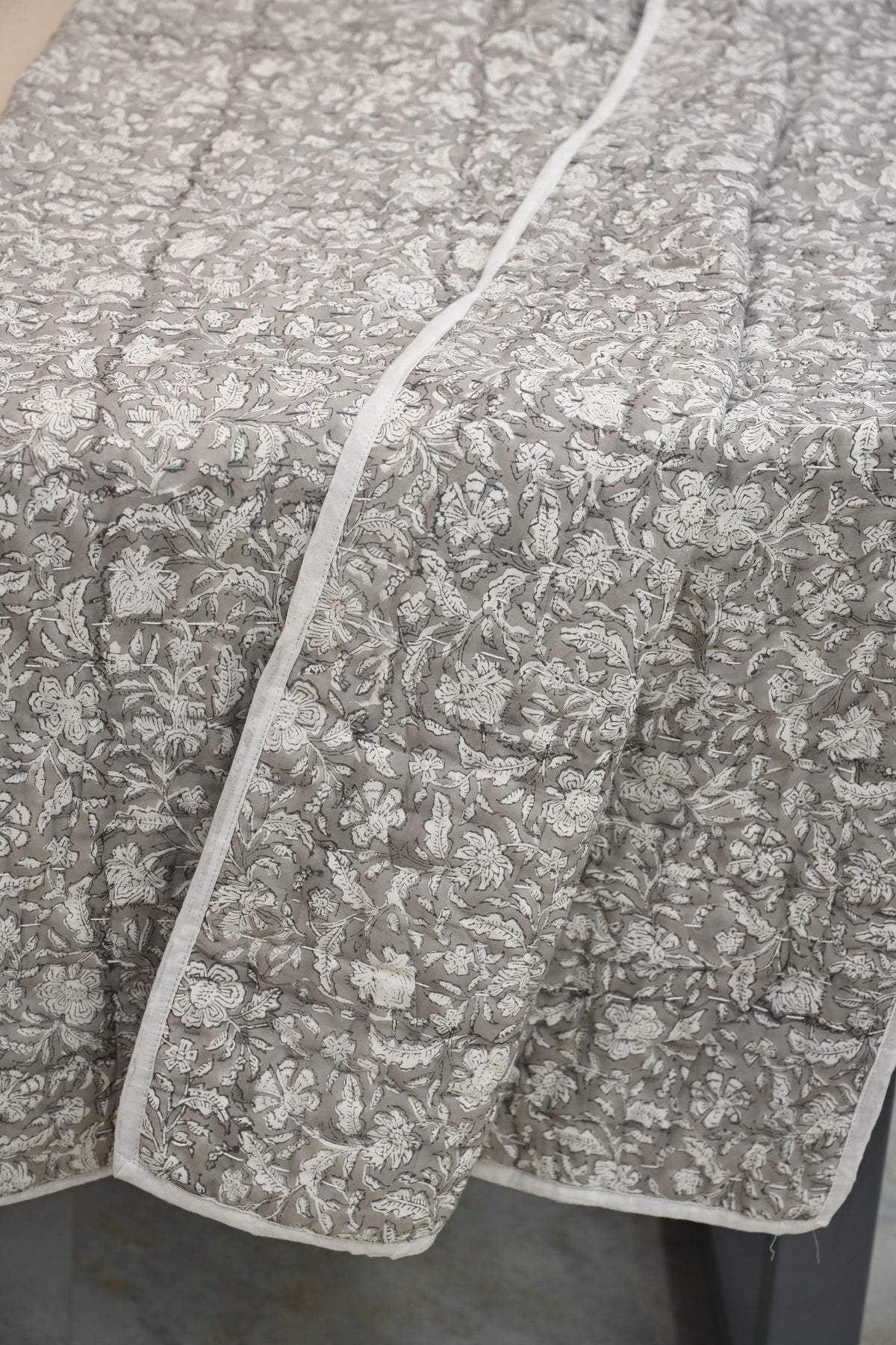 Grey & White Mughal Floral Hand Block Print Cotton Quilt