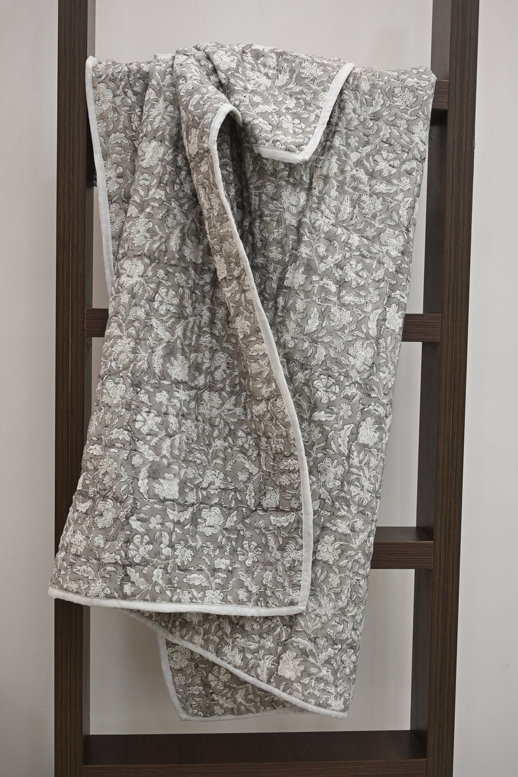 Grey & White Mughal Floral Hand Block Print Cotton Quilt