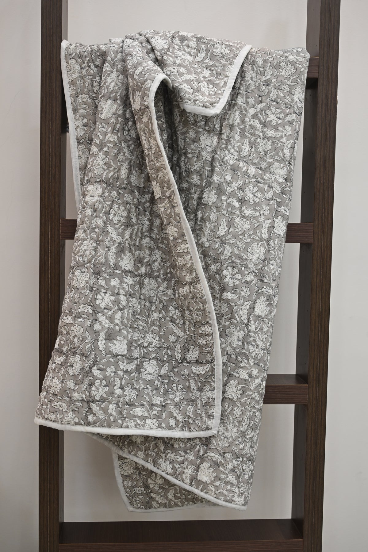Grey & White Mughal Floral Hand Block Print Cotton Quilt