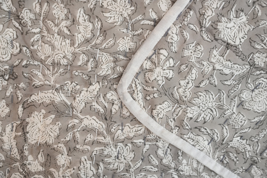 Grey & White Mughal Floral Hand Block Print Cotton Quilt