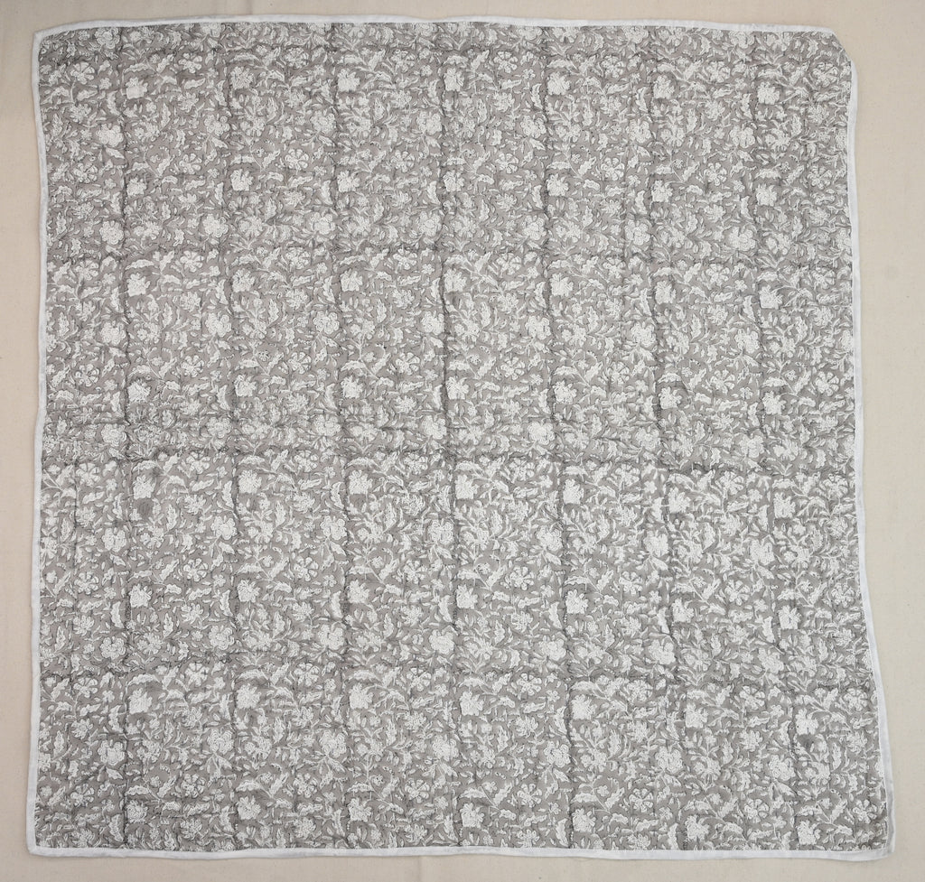 Grey & White Mughal Floral Hand Block Print Cotton Quilt