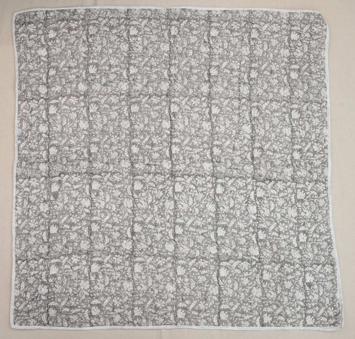 Grey & White Mughal Floral Hand Block Print Cotton Quilt