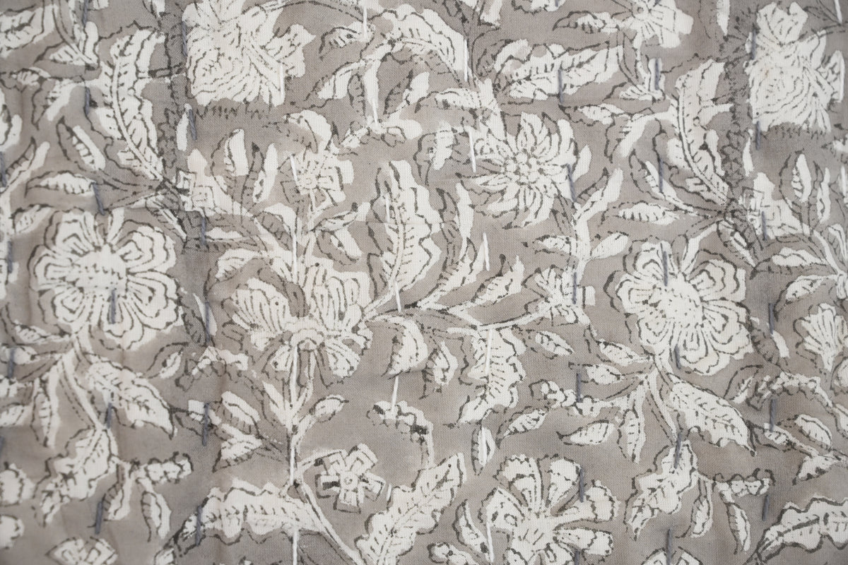 Grey & White Mughal Floral Hand Block Print Cotton Quilt