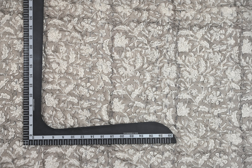 Grey & White Mughal Floral Hand Block Print Cotton Quilt