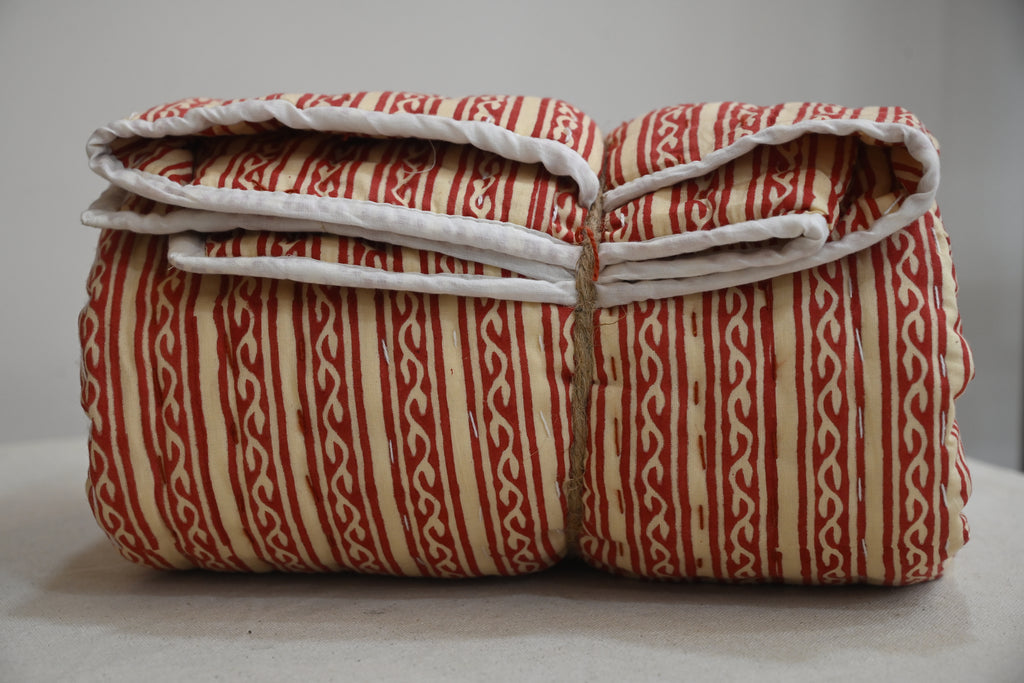 Yellow & Red Mughal Floral Hand Block Print Cotton Quilt