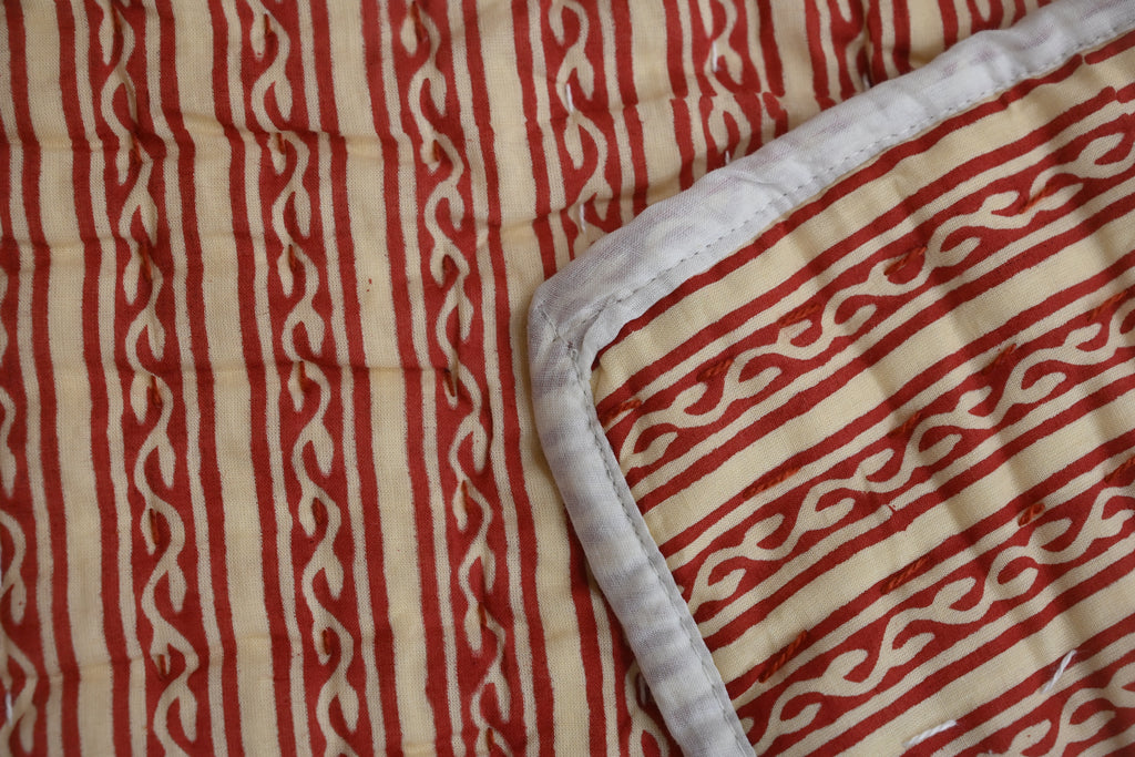 Yellow & Red Mughal Floral Hand Block Print Cotton Quilt