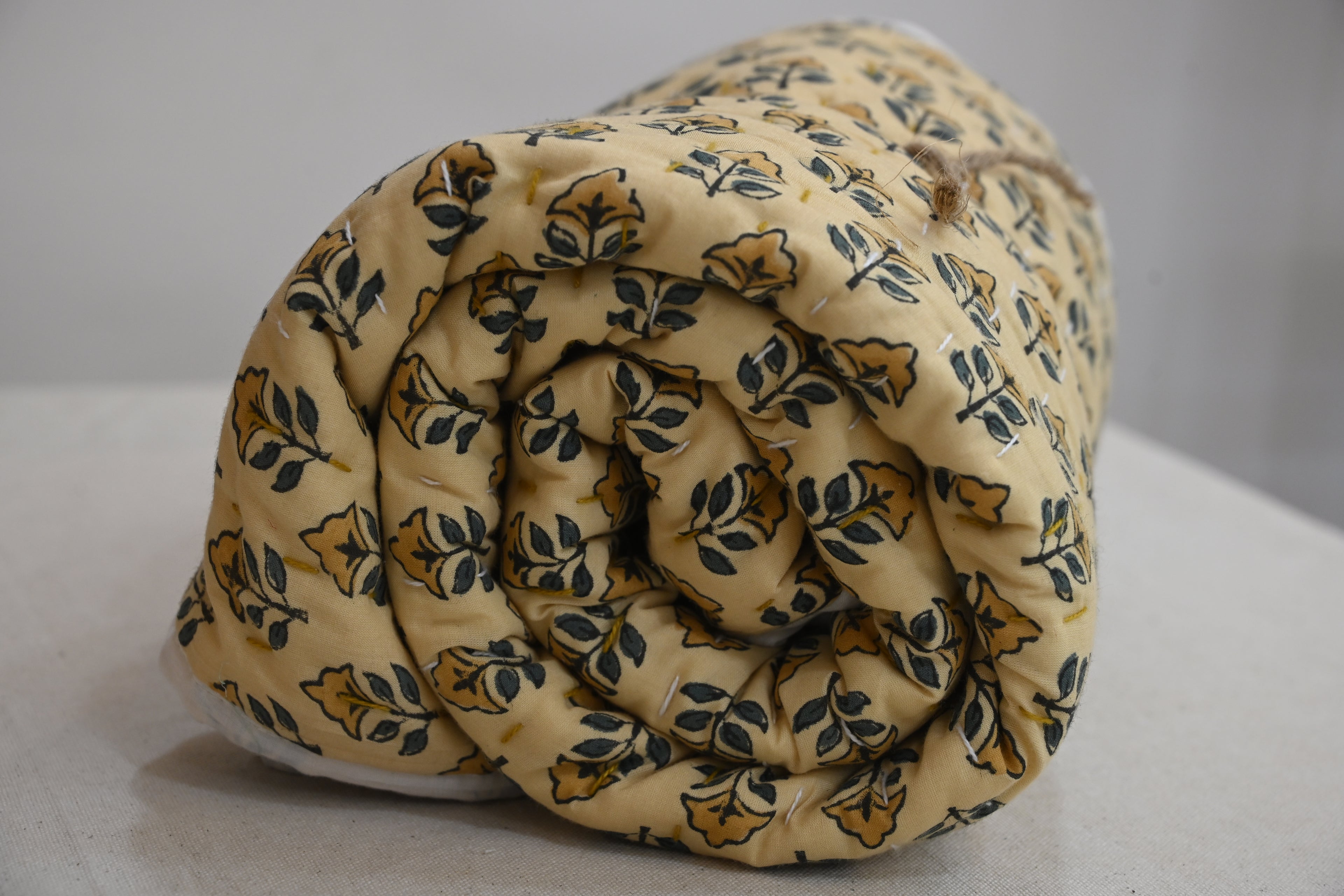 Andrea Ice Blue Floral Hand Block Print Cotton Quilt