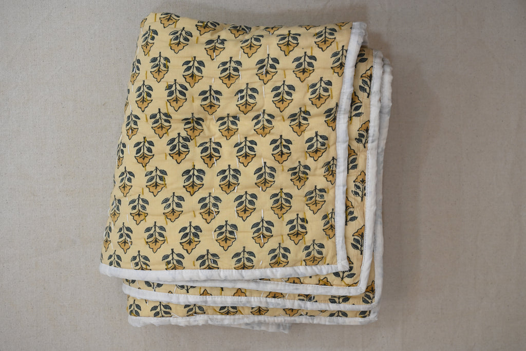 Andrea Ice Blue Floral Hand Block Print Cotton Quilt