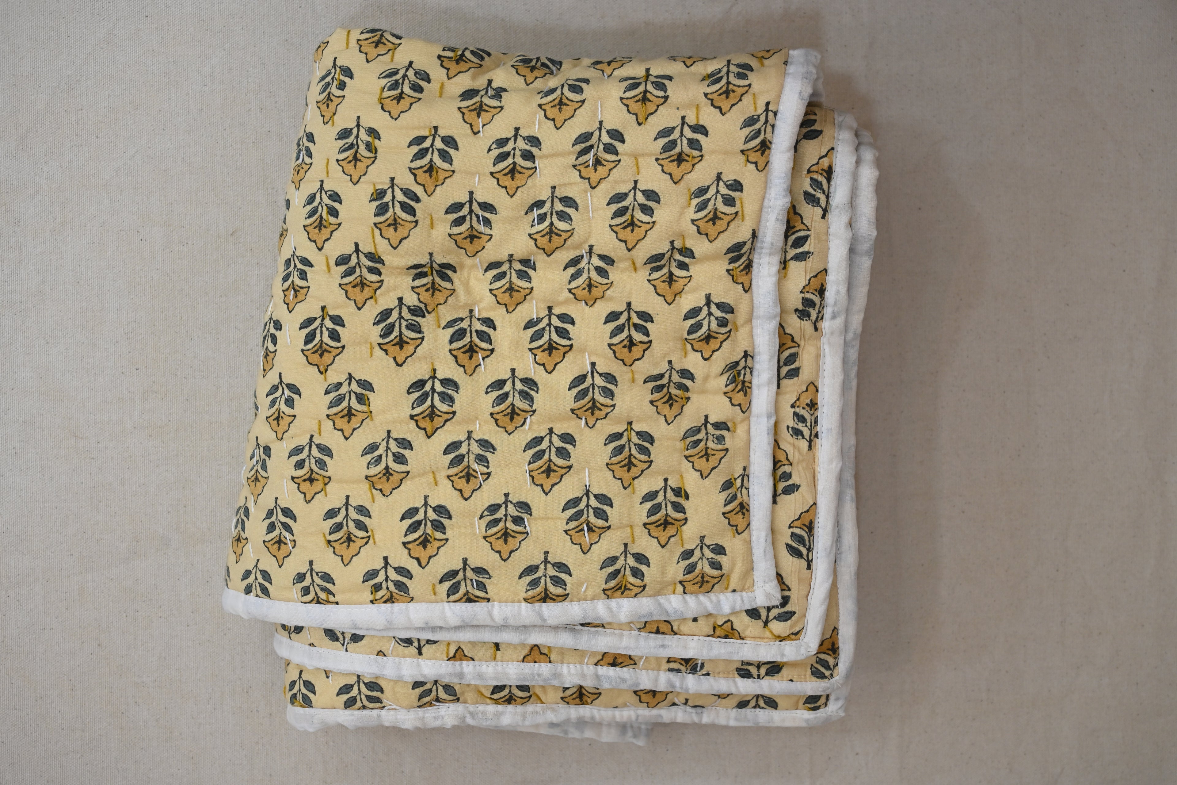 Andrea Ice Blue Floral Hand Block Print Cotton Quilt