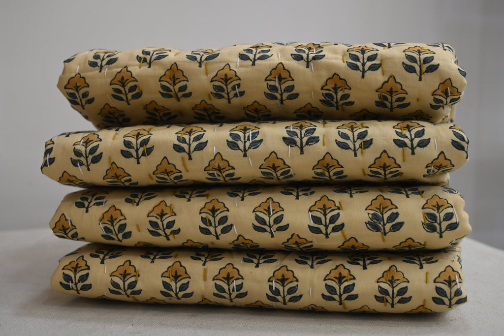 Andrea Ice Blue Floral Hand Block Print Cotton Quilt