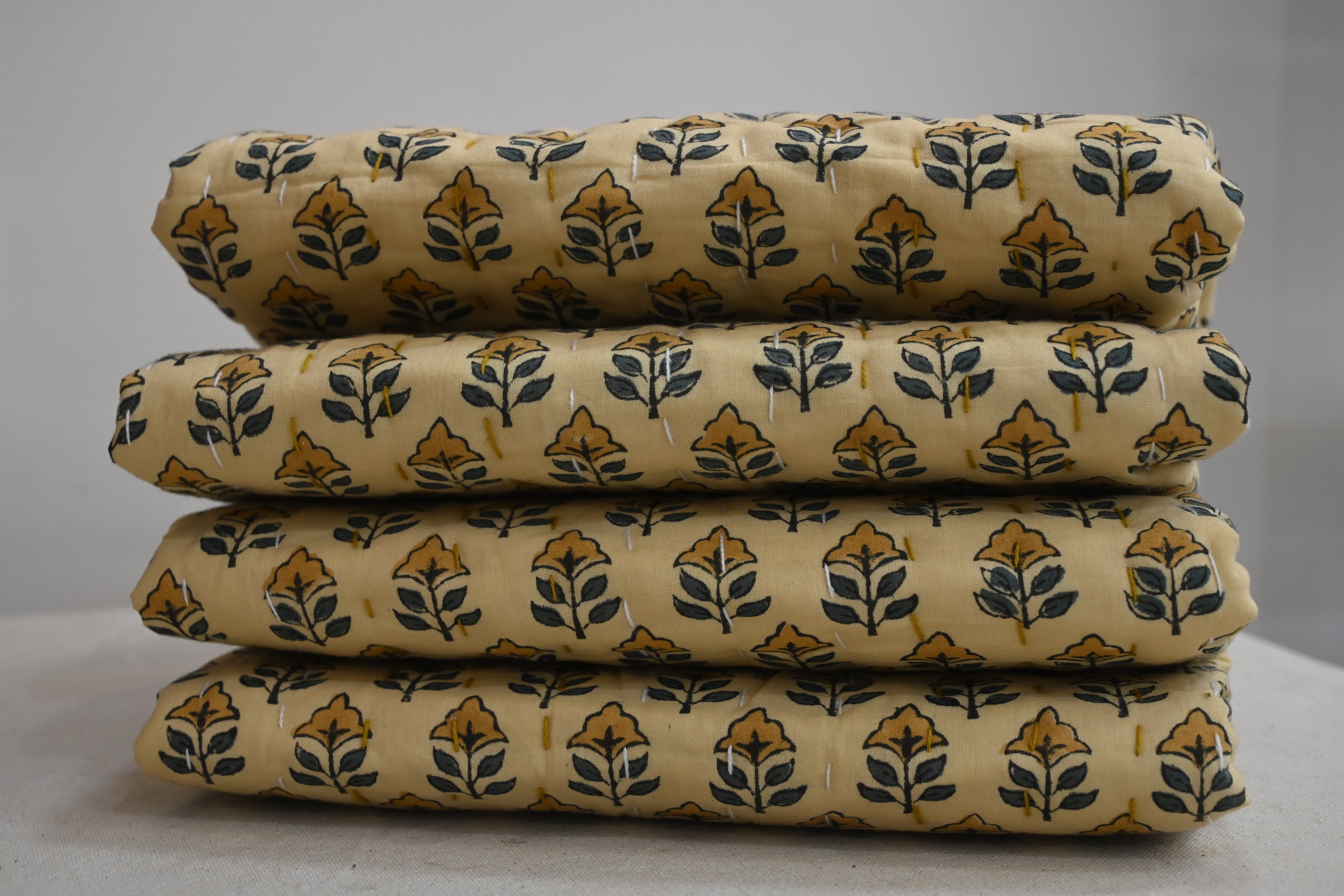 Andrea Ice Blue Floral Hand Block Print Cotton Quilt