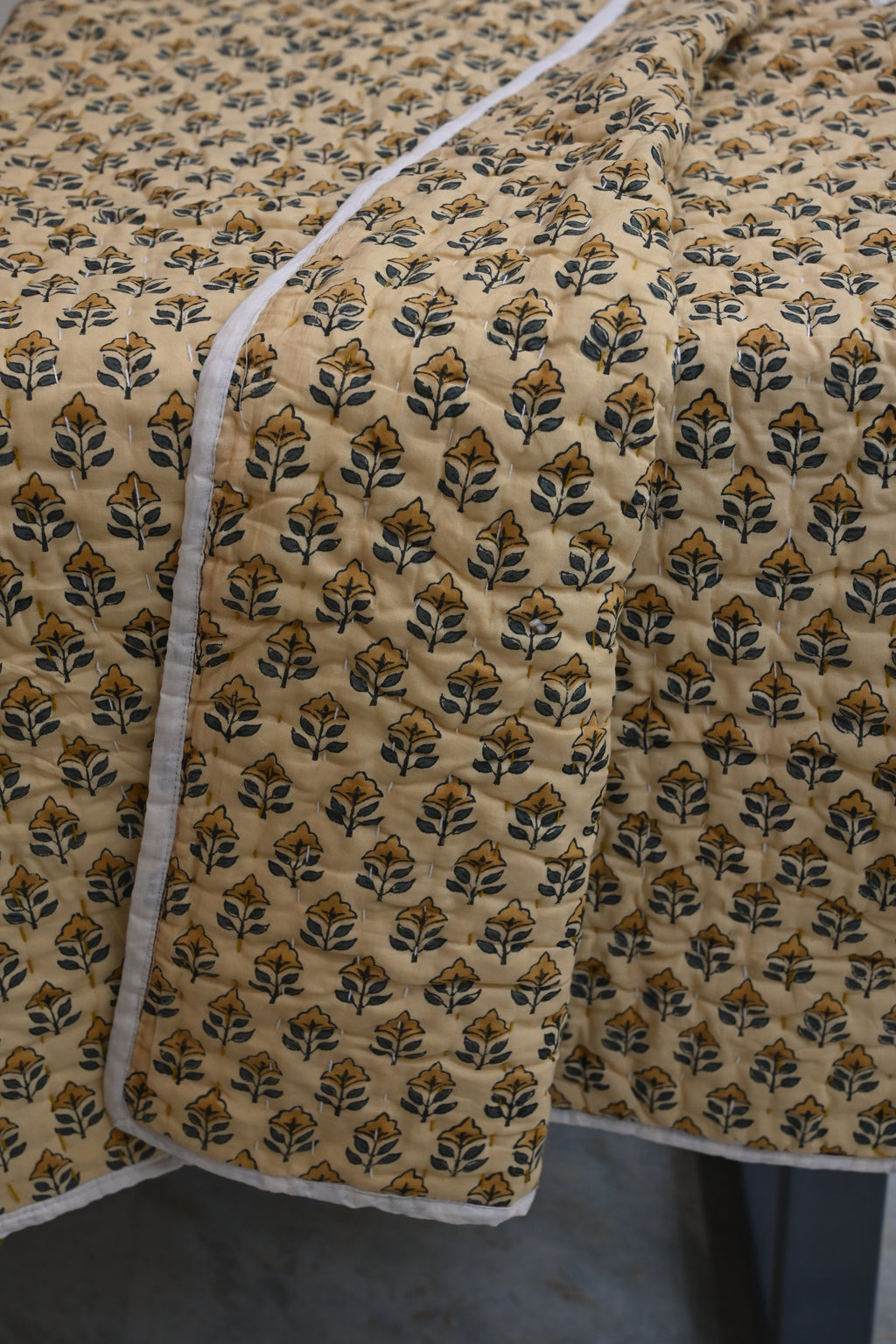 Andrea Ice Blue Floral Hand Block Print Cotton Quilt