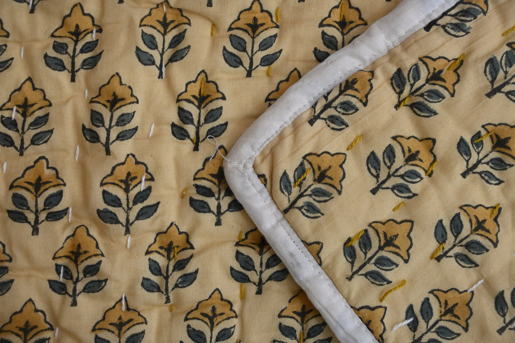 Andrea Ice Blue Floral Hand Block Print Cotton Quilt