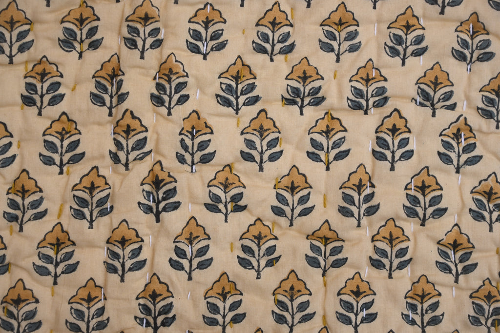 Andrea Ice Blue Floral Hand Block Print Cotton Quilt