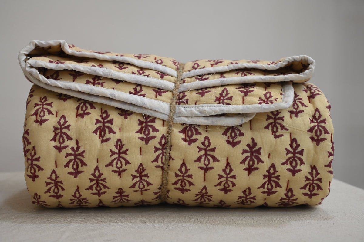 Yellow & Maroon Mughal Floral Hand Block Print Cotton Quilt