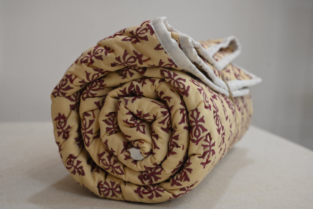 Yellow & Maroon Mughal Floral Hand Block Print Cotton Quilt