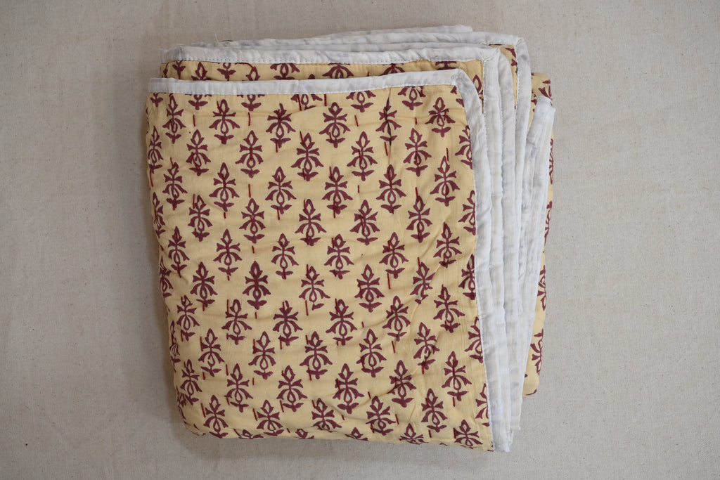 Yellow & Maroon Mughal Floral Hand Block Print Cotton Quilt