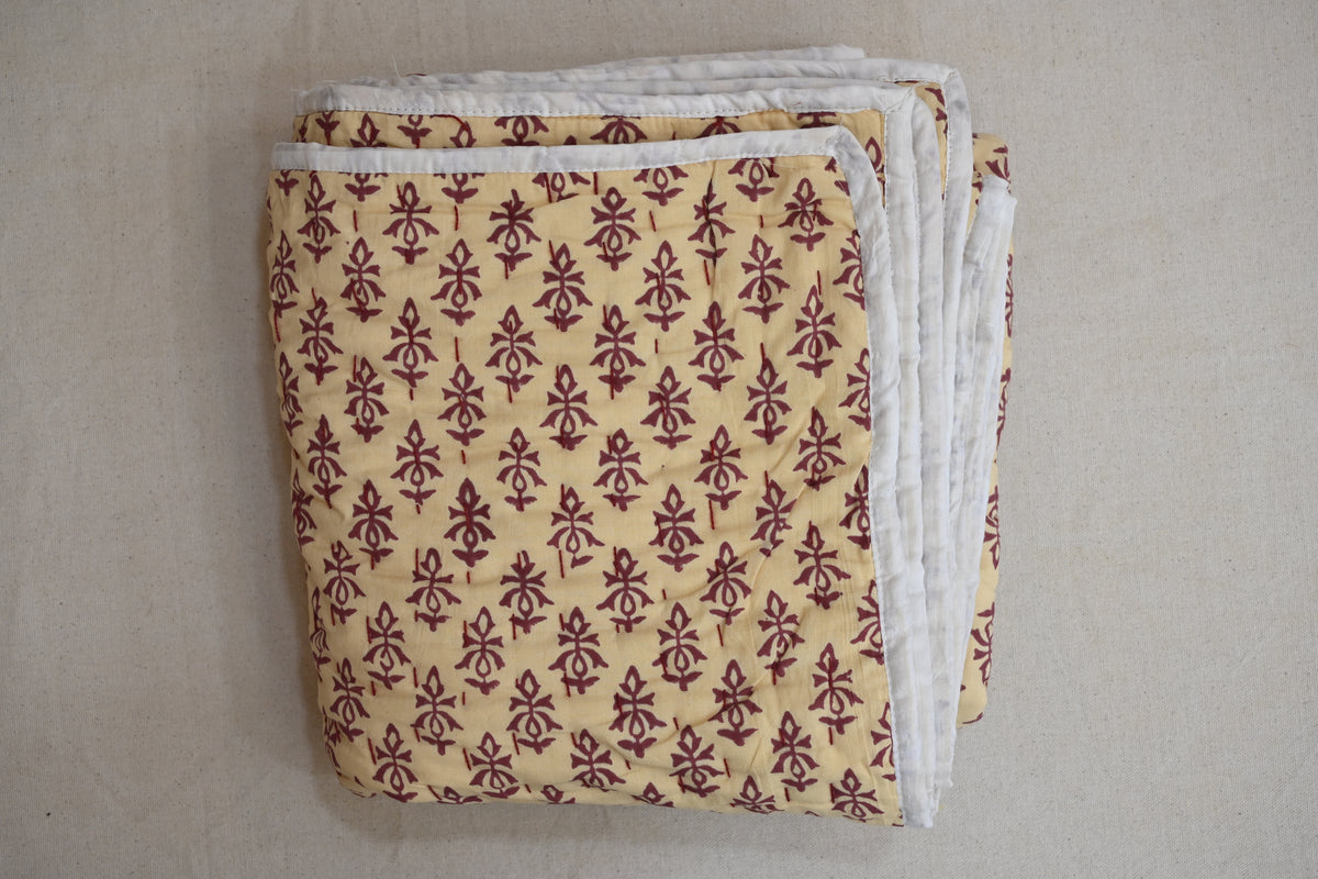 Yellow & Maroon Mughal Floral Hand Block Print Cotton Quilt