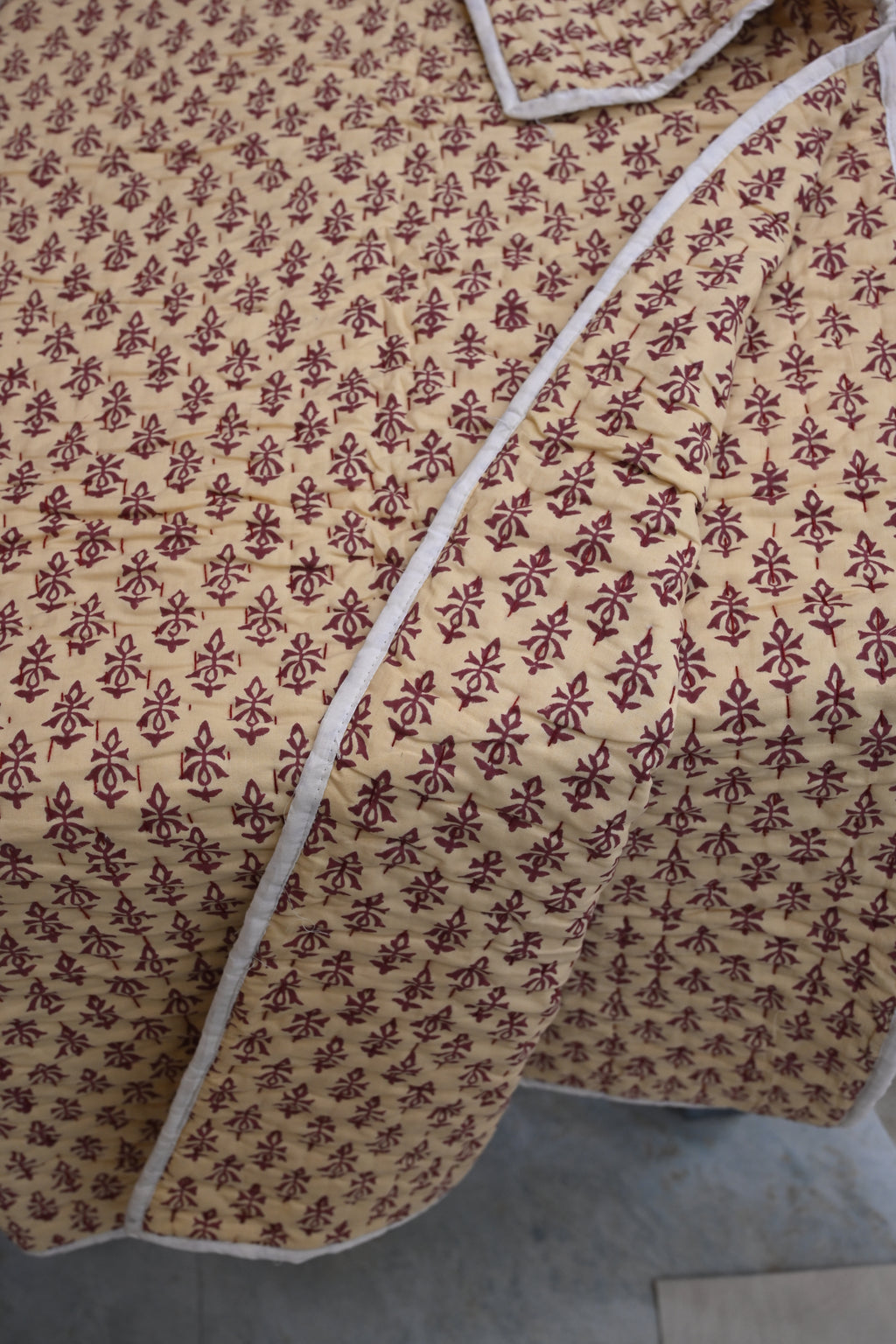 Yellow & Maroon Mughal Floral Hand Block Print Cotton Quilt