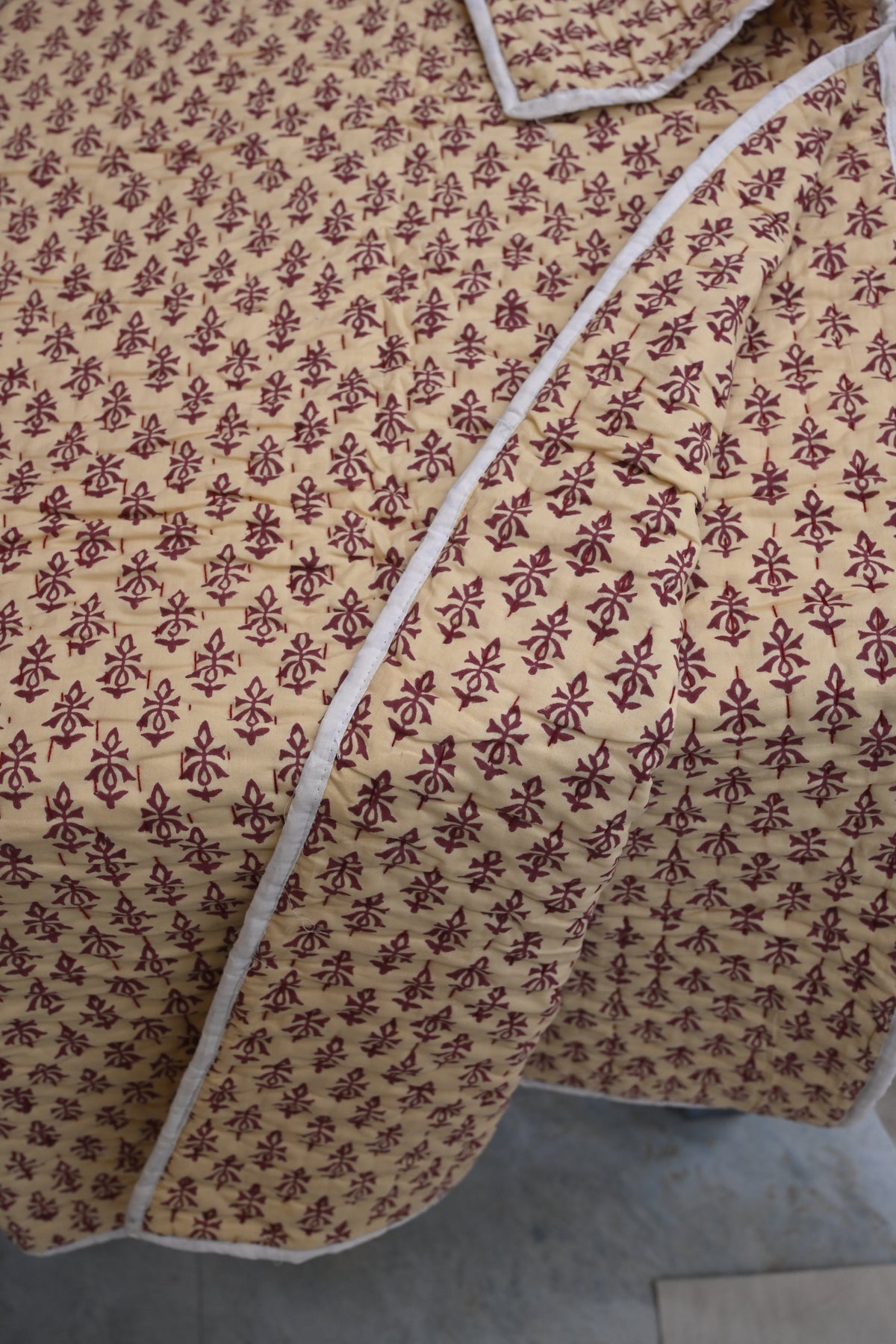 Yellow & Maroon Mughal Floral Hand Block Print Cotton Quilt