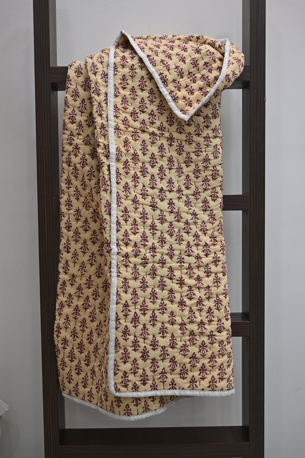 Yellow & Maroon Mughal Floral Hand Block Print Cotton Quilt