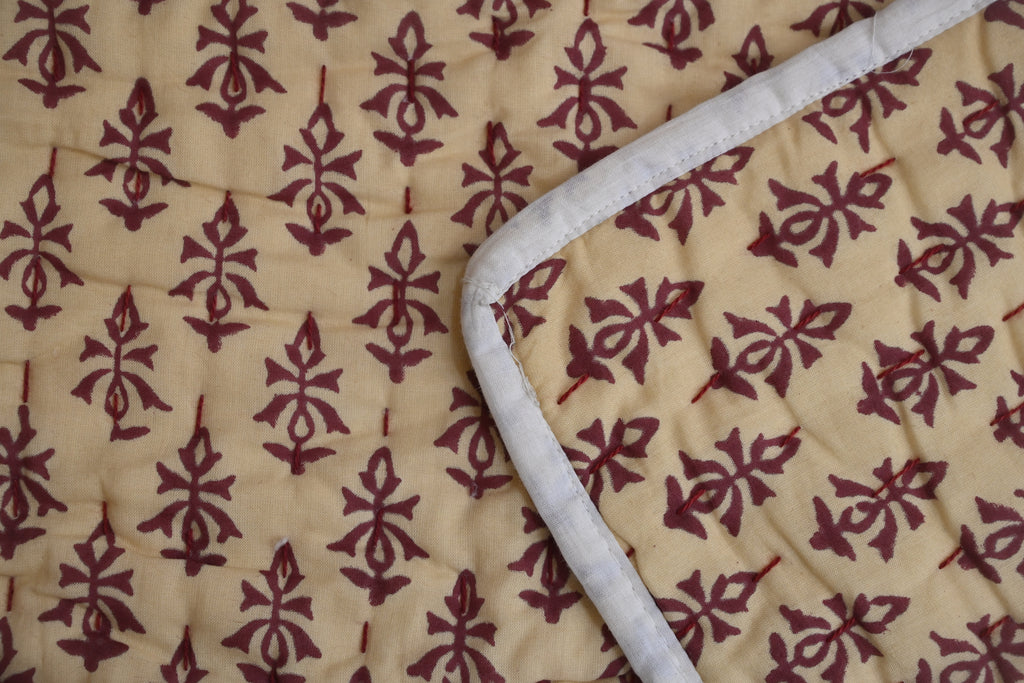 Yellow & Maroon Mughal Floral Hand Block Print Cotton Quilt