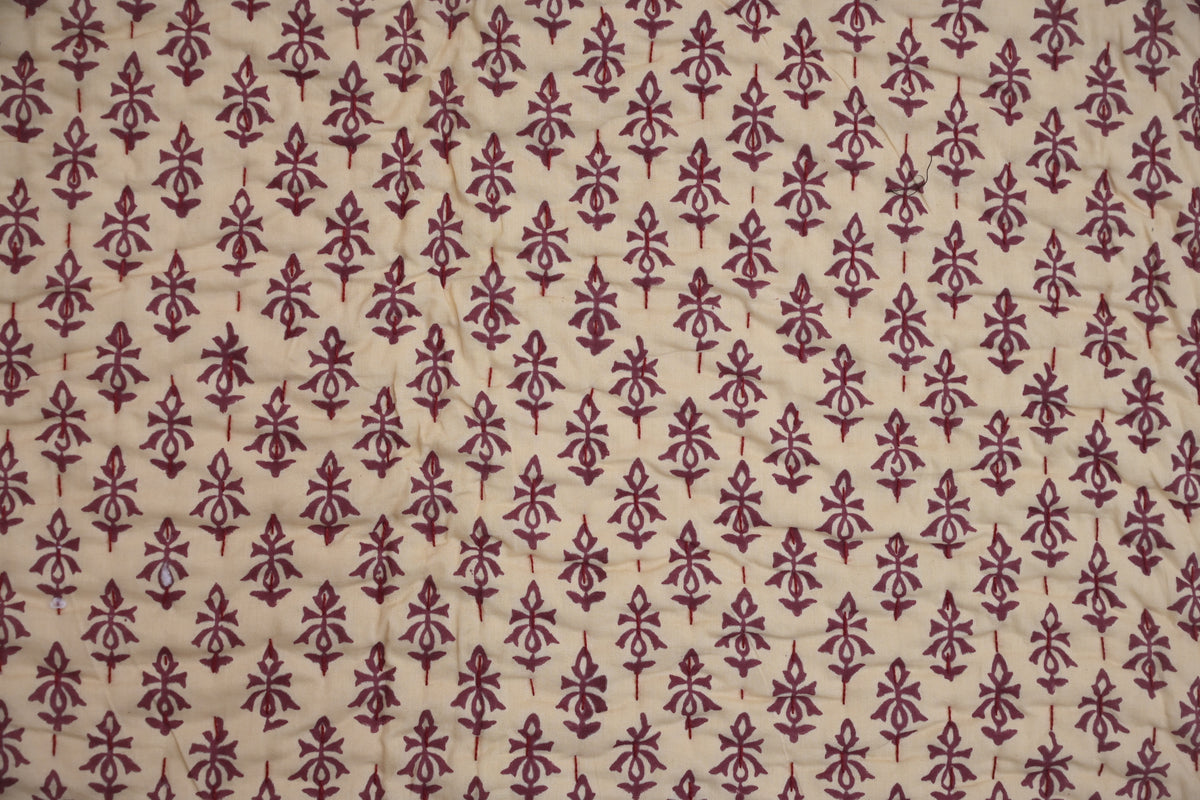 Yellow & Maroon Mughal Floral Hand Block Print Cotton Quilt