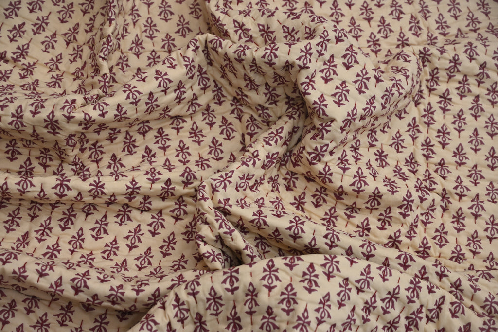 Yellow & Maroon Mughal Floral Hand Block Print Cotton Quilt