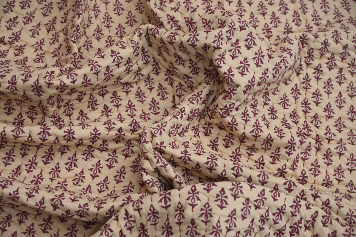 Yellow & Maroon Mughal Floral Hand Block Print Cotton Quilt