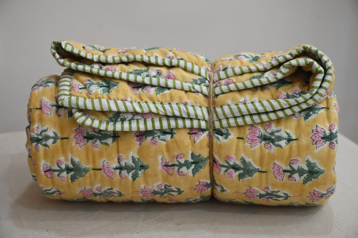 Yellow & Pink Mughal Floral Hand Block Print Cotton Quilt