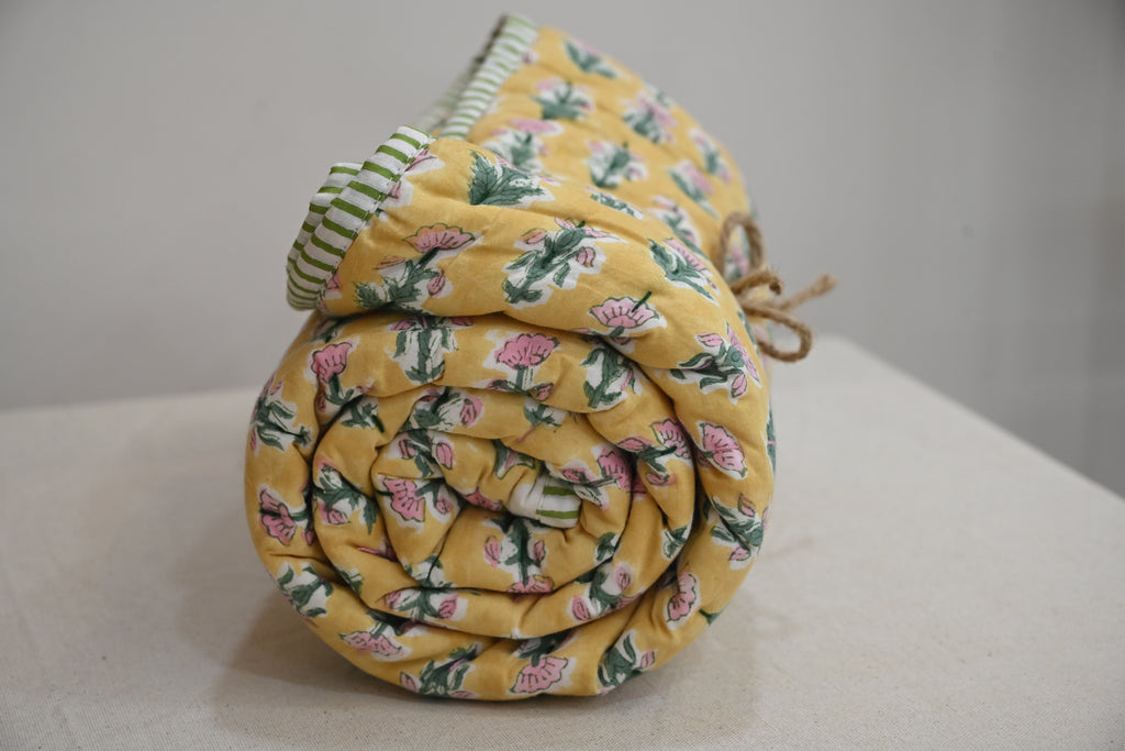 Yellow & Pink Mughal Floral Hand Block Print Cotton Quilt