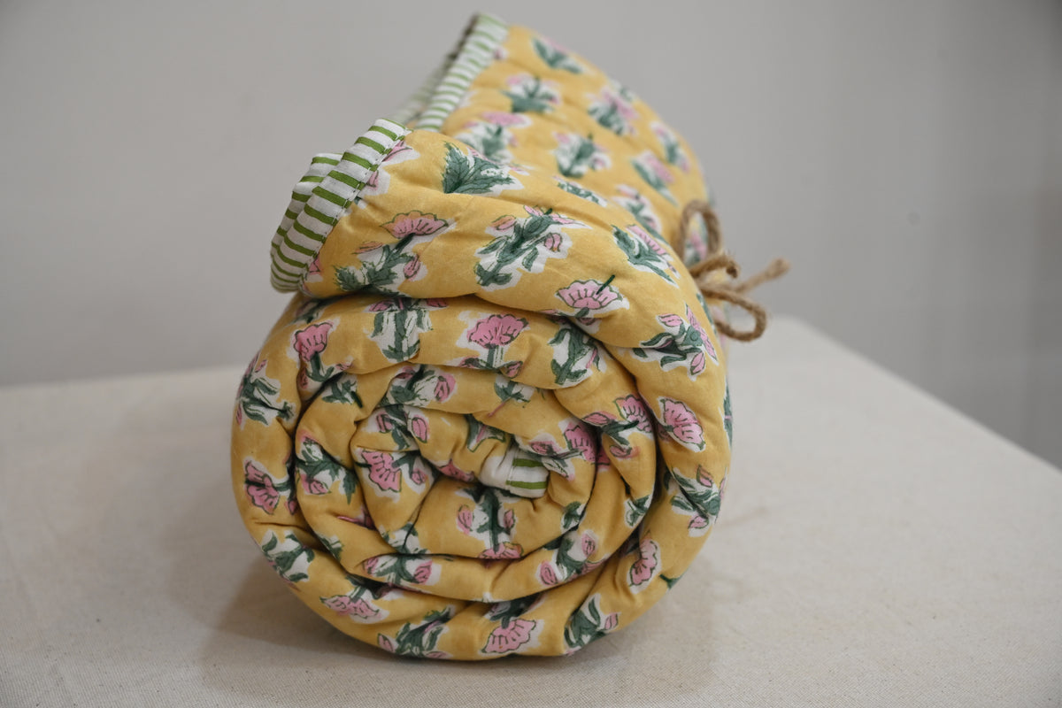 Yellow & Pink Mughal Floral Hand Block Print Cotton Quilt