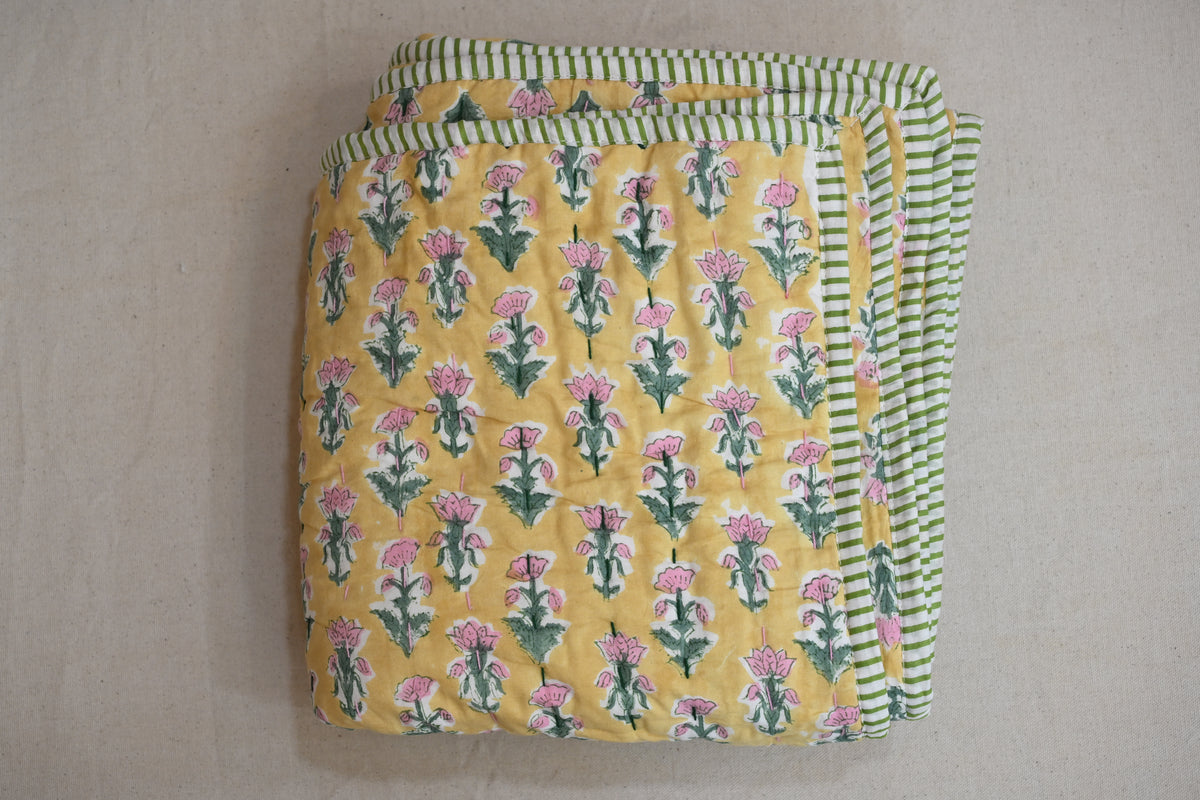 Yellow & Pink Mughal Floral Hand Block Print Cotton Quilt
