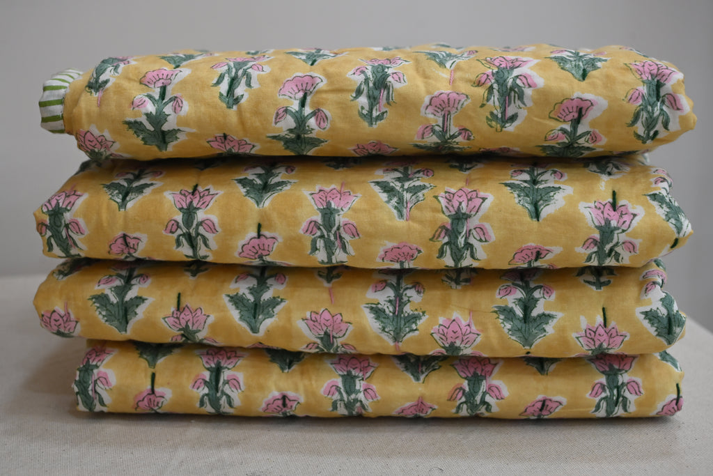 Yellow & Pink Mughal Floral Hand Block Print Cotton Quilt