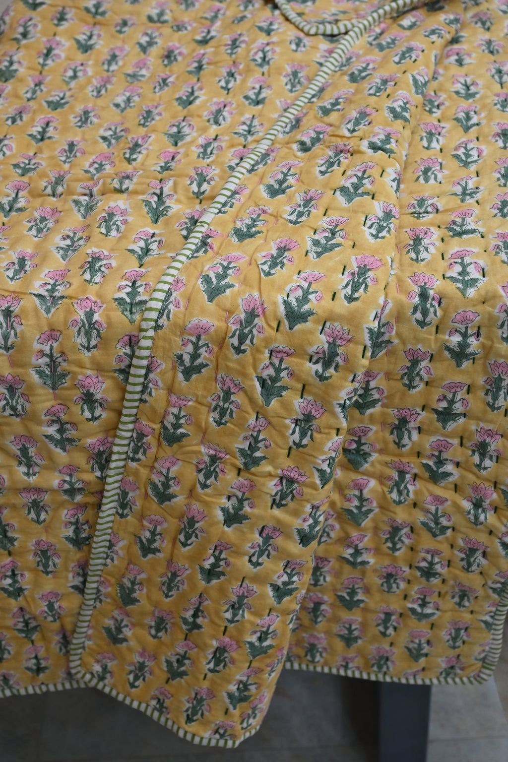 Yellow & Pink Mughal Floral Hand Block Print Cotton Quilt