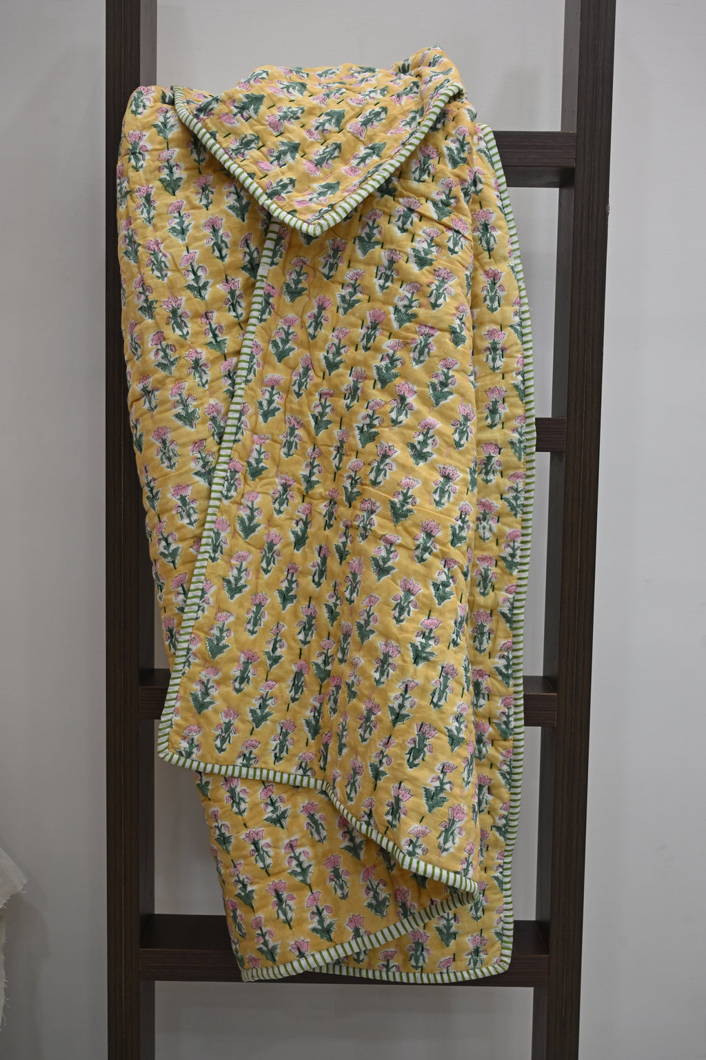 Yellow & Pink Mughal Floral Hand Block Print Cotton Quilt
