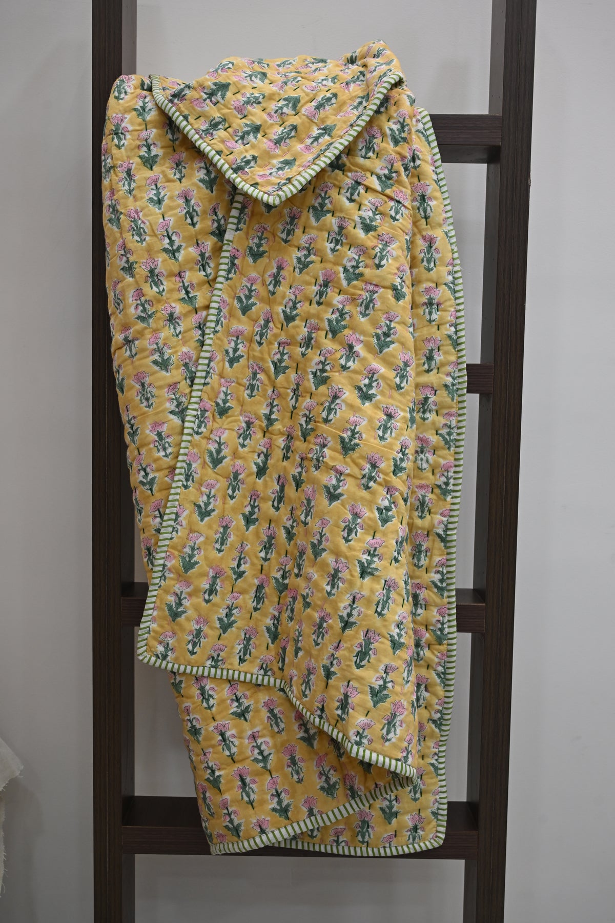 Yellow & Pink Mughal Floral Hand Block Print Cotton Quilt