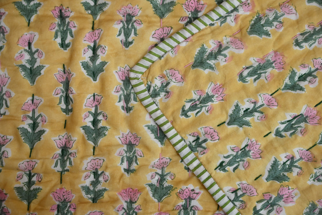 Yellow & Pink Mughal Floral Hand Block Print Cotton Quilt