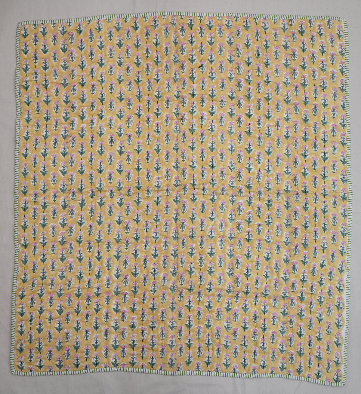 Yellow & Pink Mughal Floral Hand Block Print Cotton Quilt