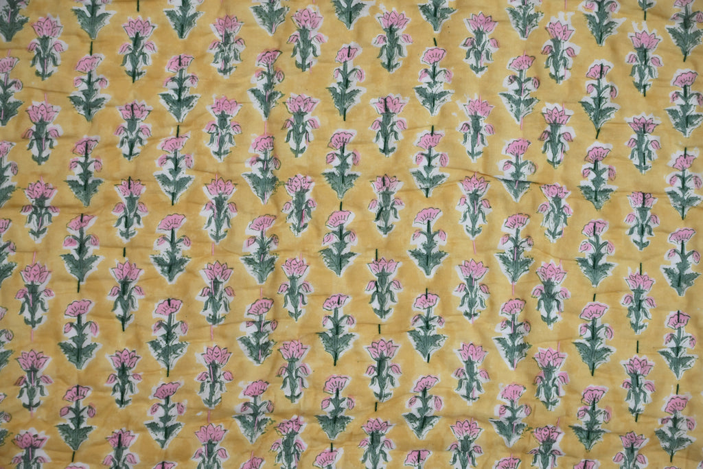Yellow & Pink Mughal Floral Hand Block Print Cotton Quilt