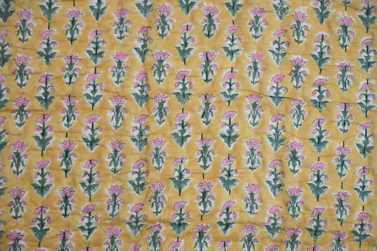 Yellow & Pink Mughal Floral Hand Block Print Cotton Quilt