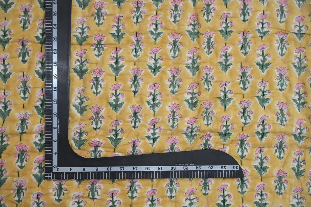 Yellow & Pink Mughal Floral Hand Block Print Cotton Quilt