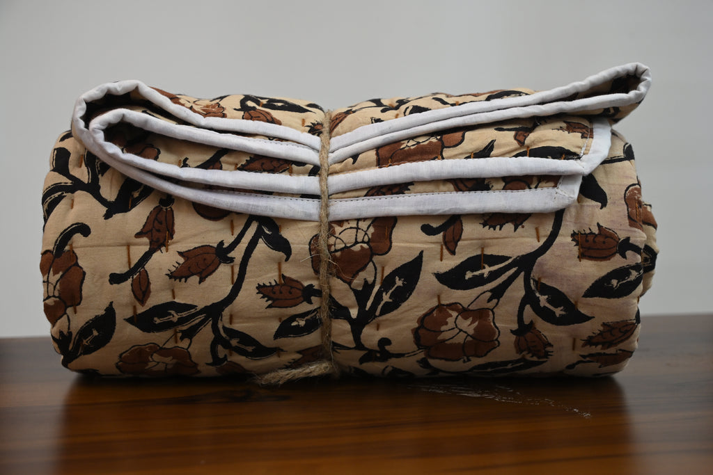 Rust & Navy Mughal Floral Hand Block Print Cotton Quilt