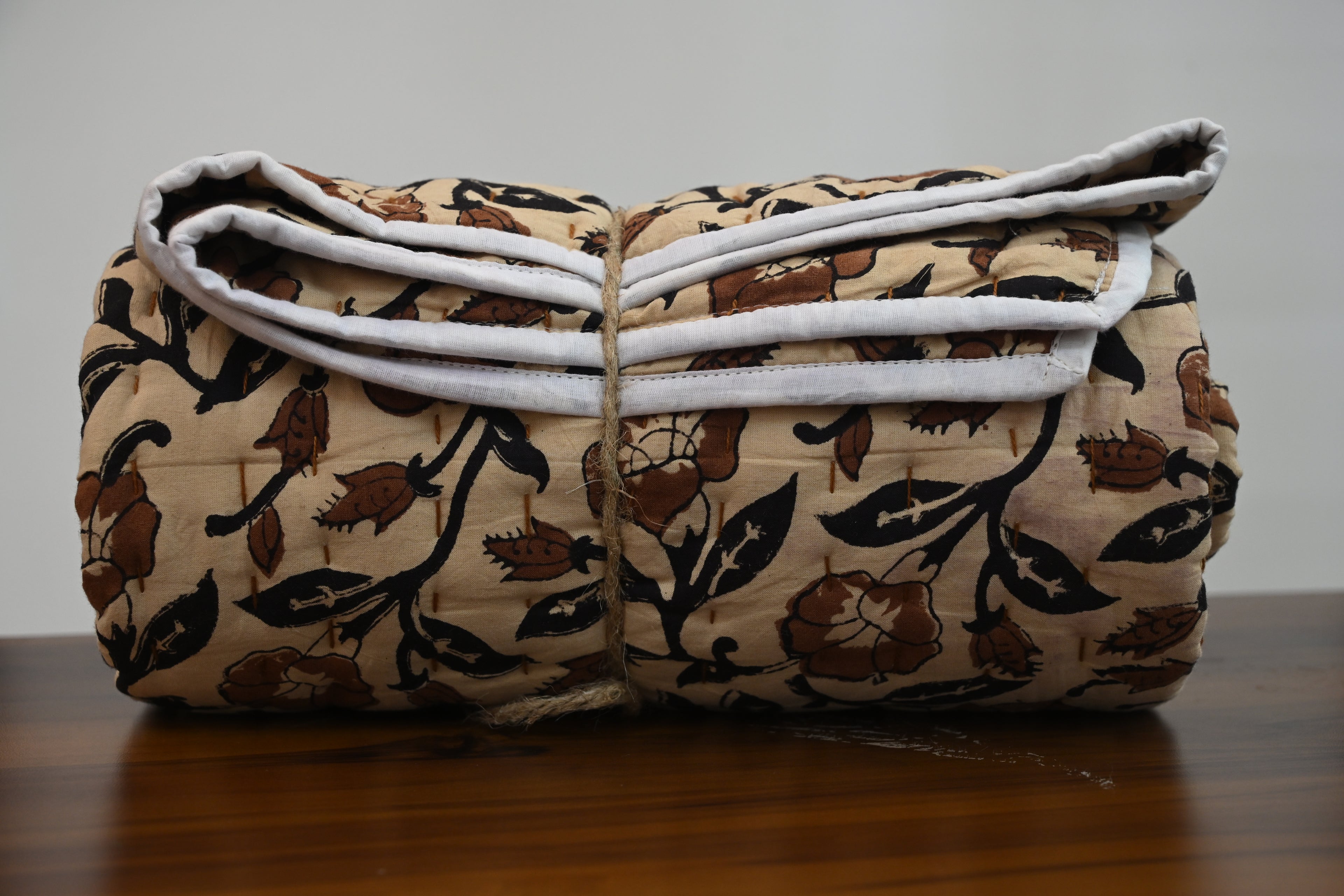 Rust & Navy Mughal Floral Hand Block Print Cotton Quilt
