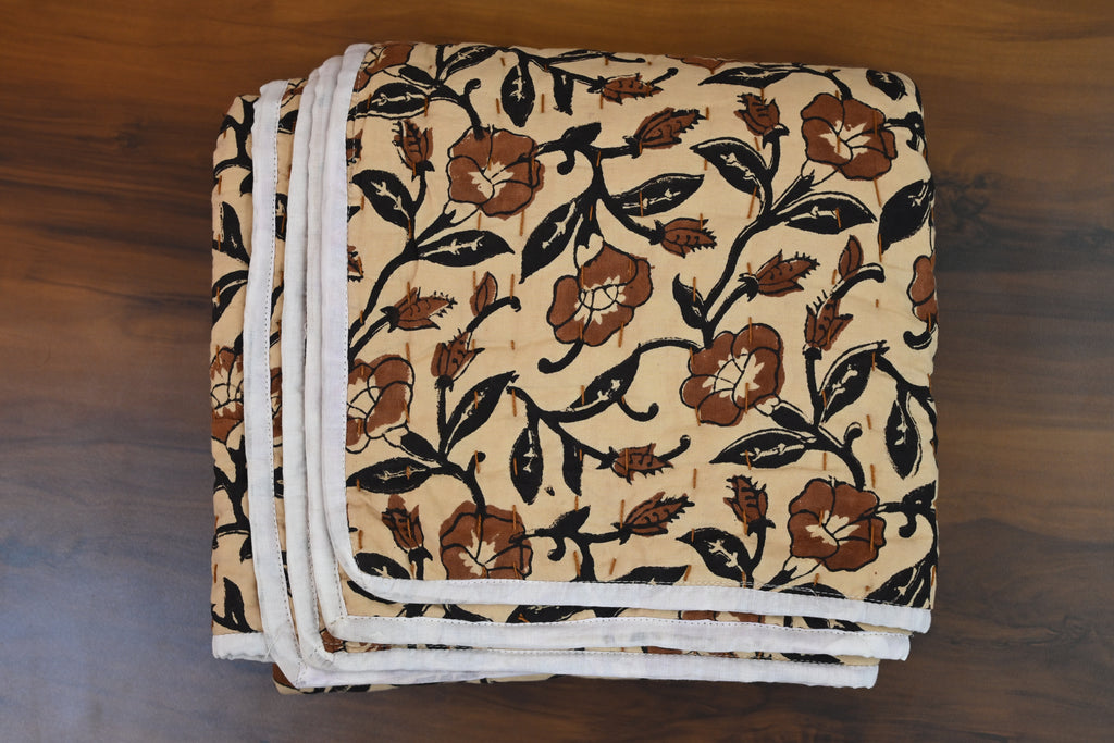 Rust & Navy Mughal Floral Hand Block Print Cotton Quilt