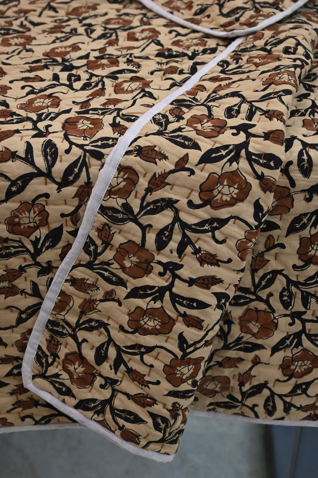 Rust & Navy Mughal Floral Hand Block Print Cotton Quilt