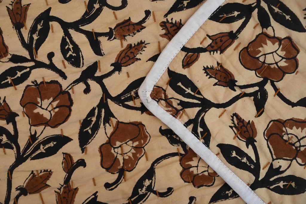 Rust & Navy Mughal Floral Hand Block Print Cotton Quilt