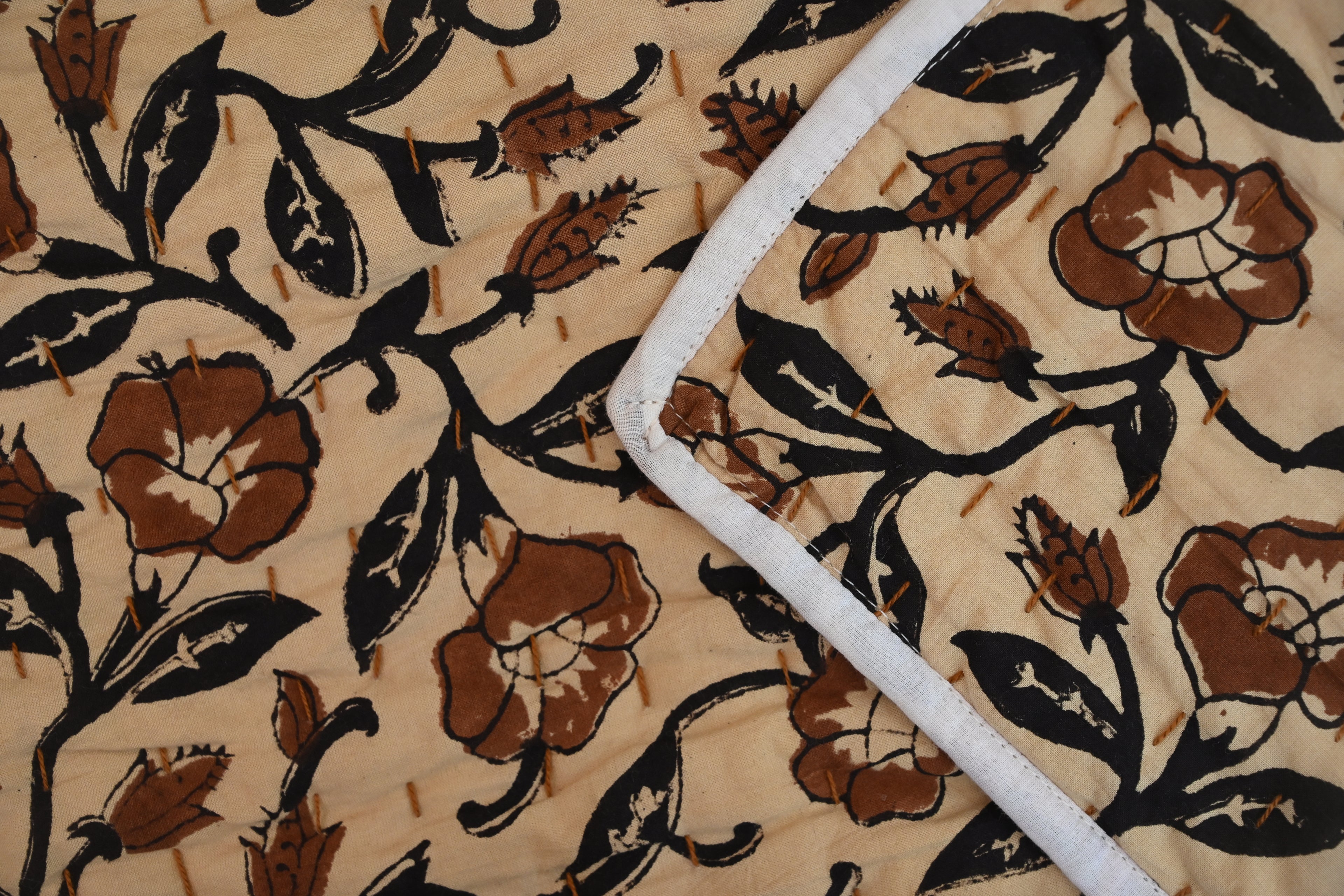 Rust & Navy Mughal Floral Hand Block Print Cotton Quilt
