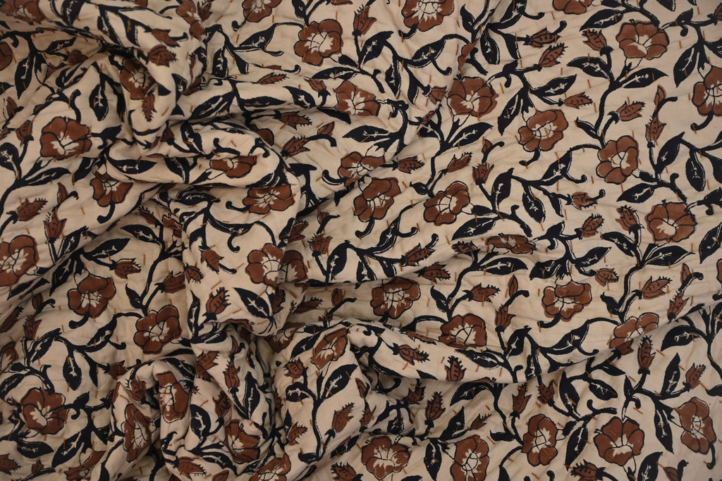 Rust & Navy Mughal Floral Hand Block Print Cotton Quilt